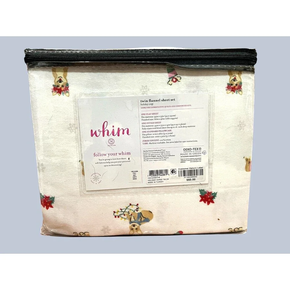 Martha Stewart Whim Collection Christmas Corgi 3-pc Twin Flannel Sheet Set  NIB